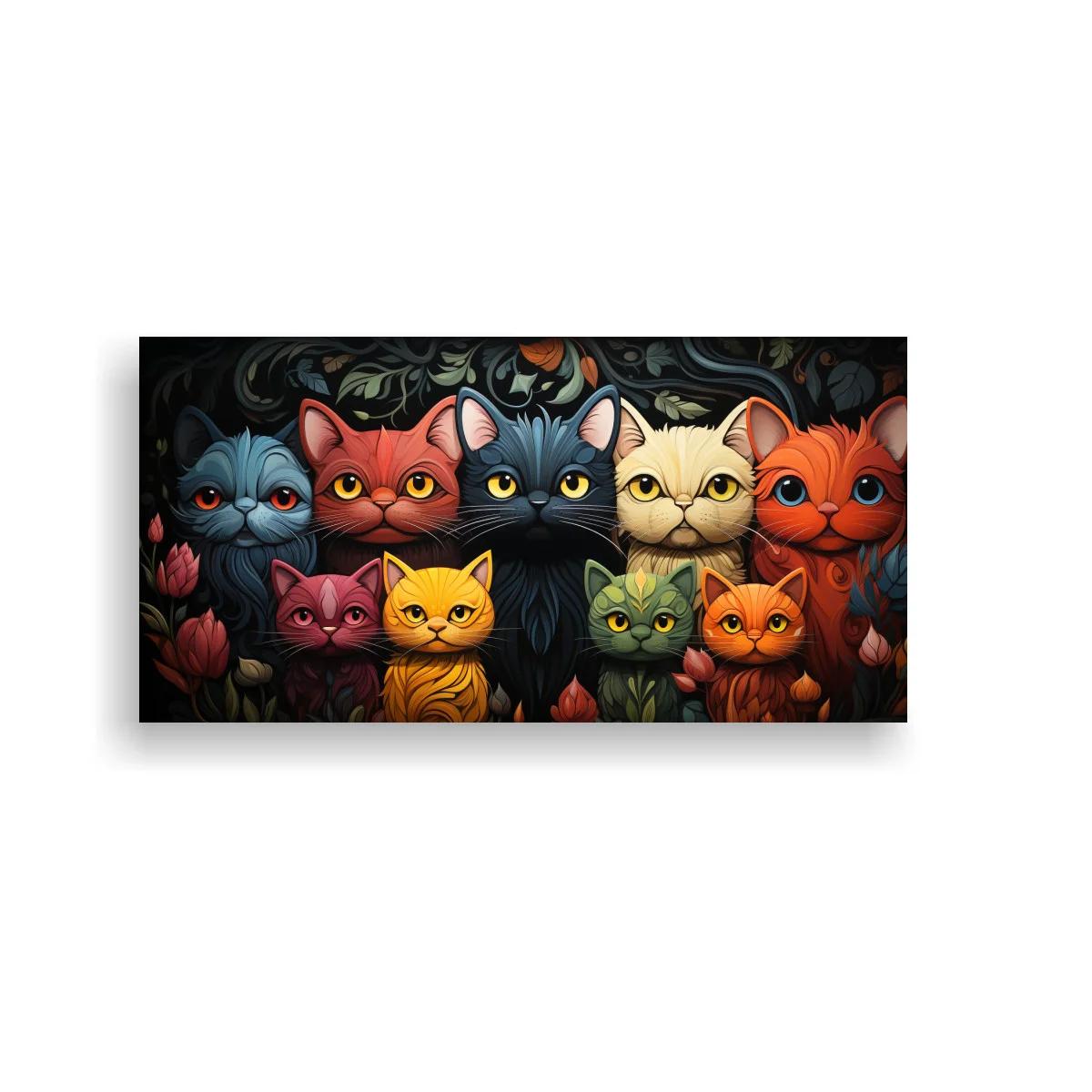 Cuadro grupo de gatos de colores rodeados de flores y follaje