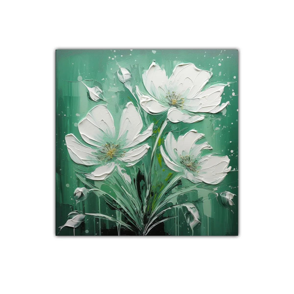 Cuadro con delicadas flores blancas en fondo verde
