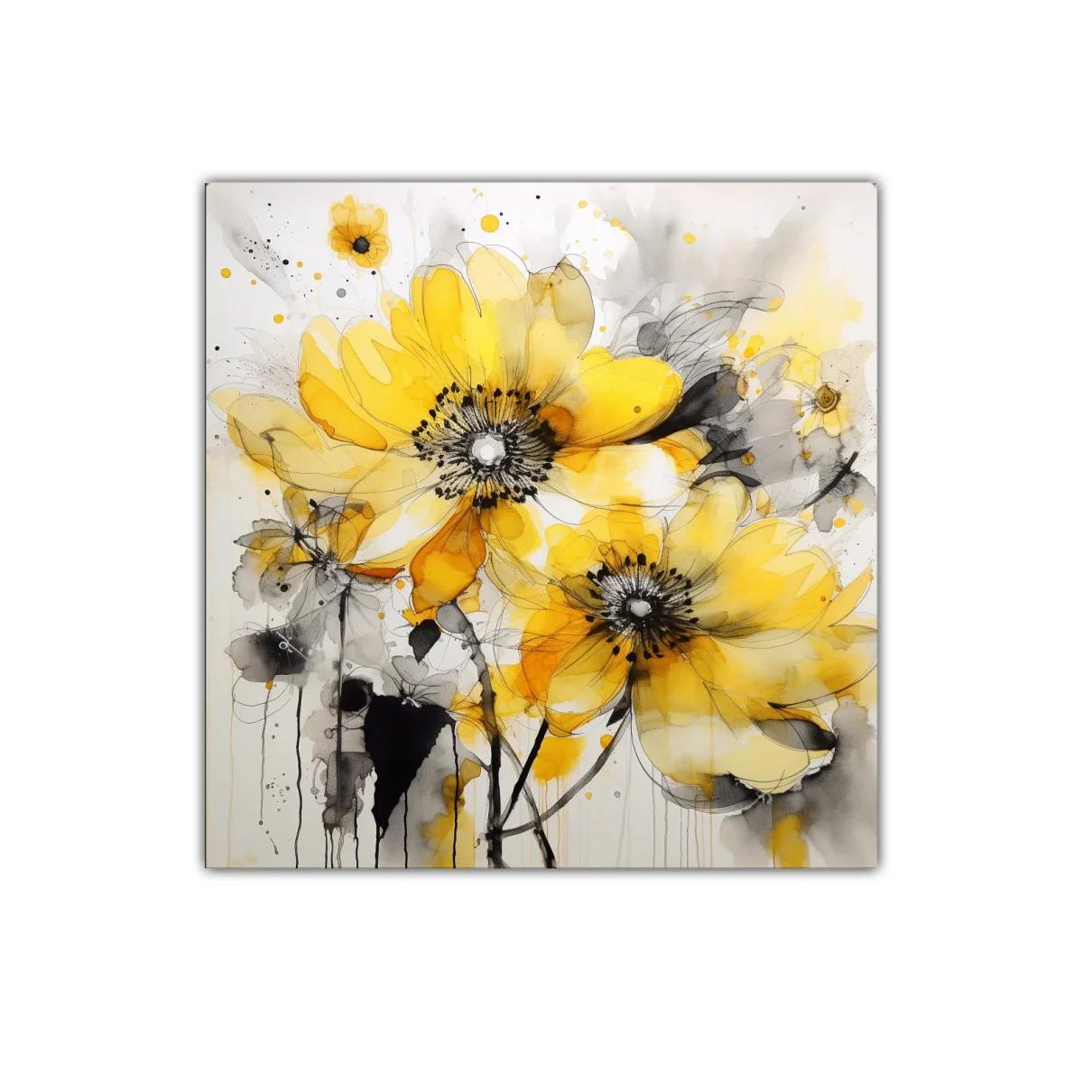 Cuadro decorativo con flores amarillas y detalles grises