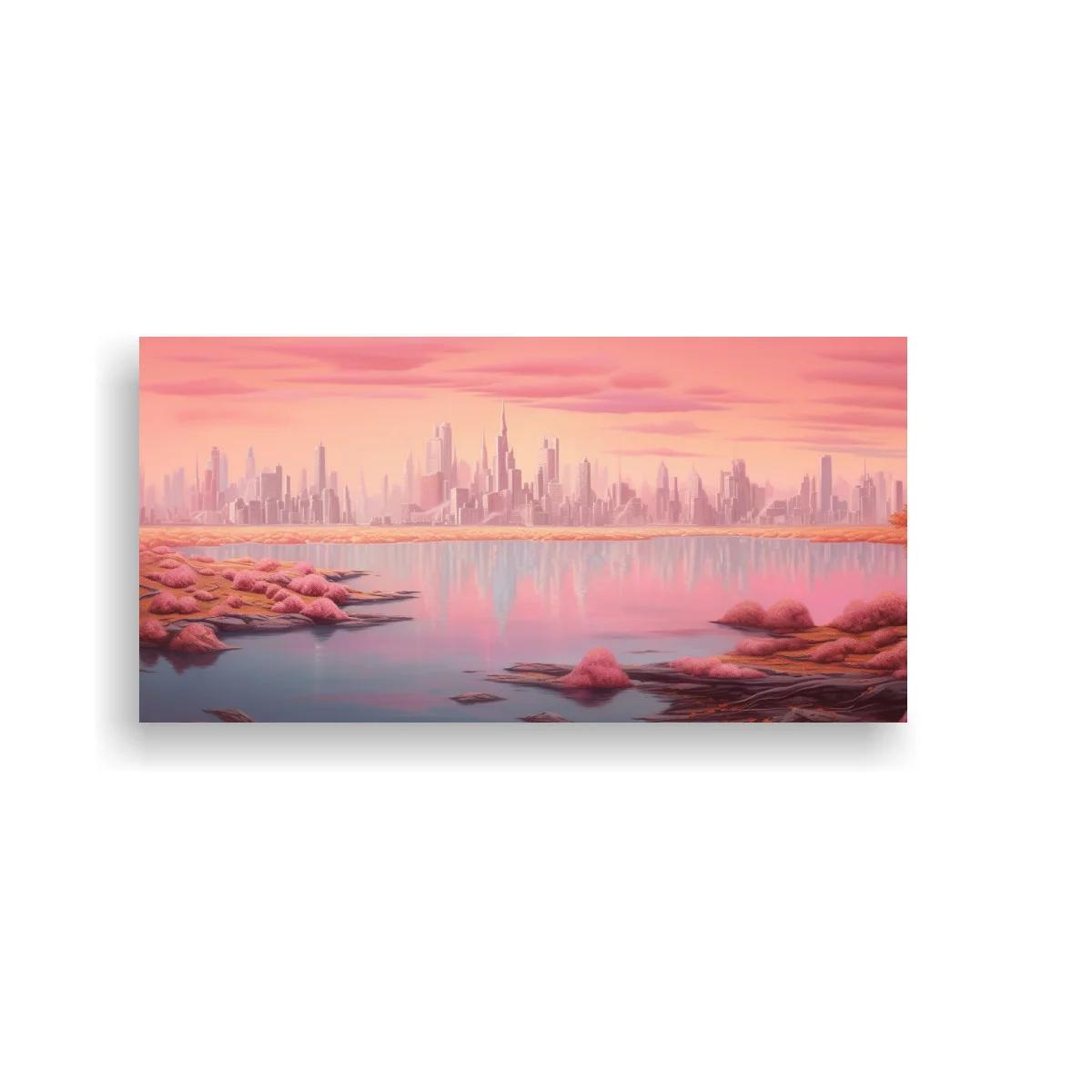 Cuadro paisaje urbano futurista con lago y cielo rosado