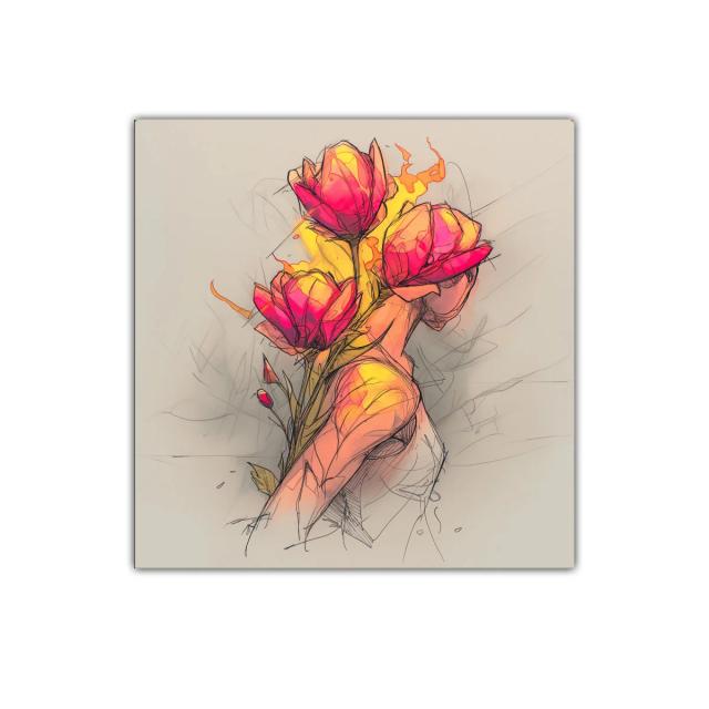 Figura femenina con flores en tonos cálidos y vibrantes