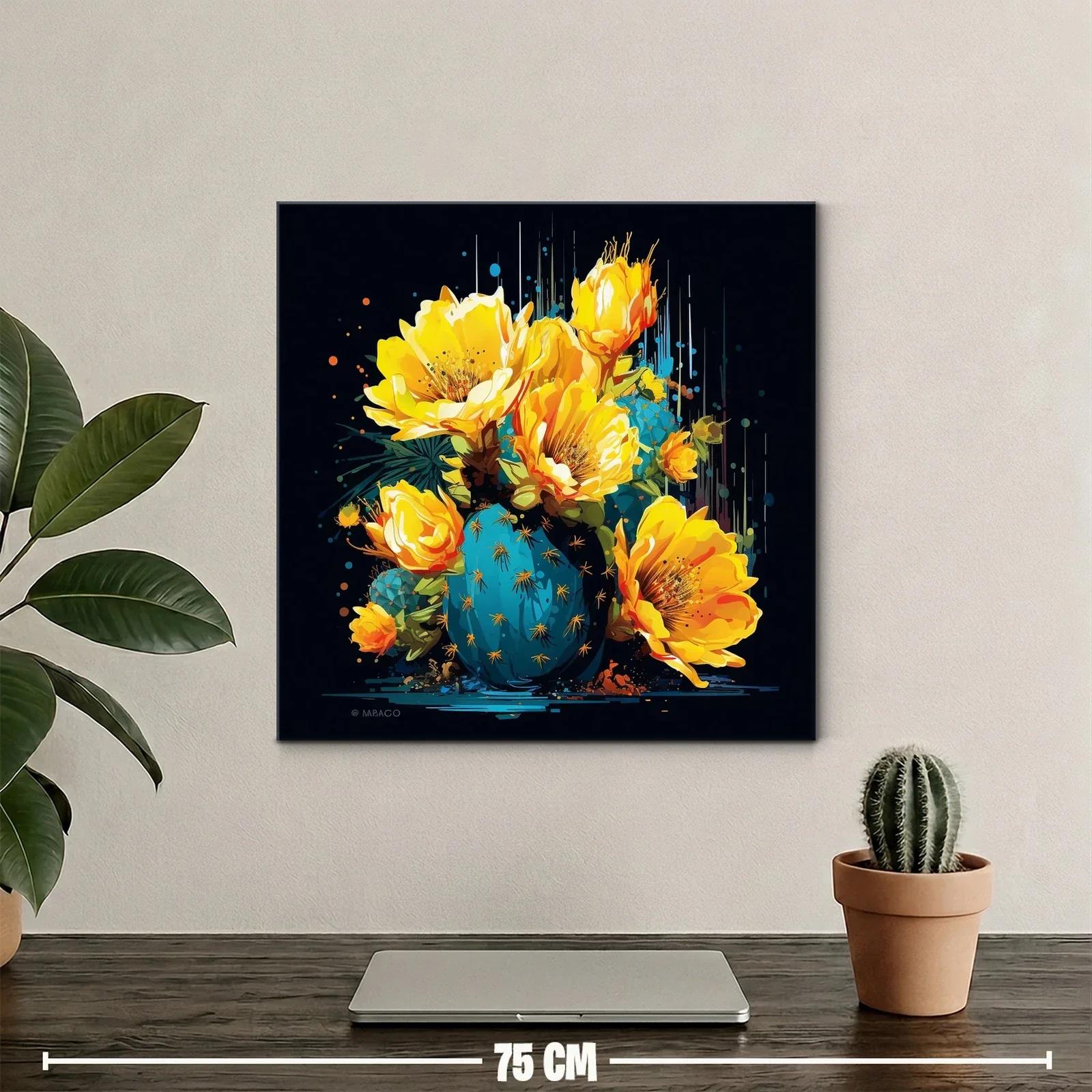Cuadro moderno con flores amarillas y cactus azul vibrante — miniatura 2