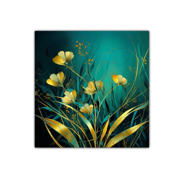 Cuadro floral con delicados tonos dorados y fondo turquesa