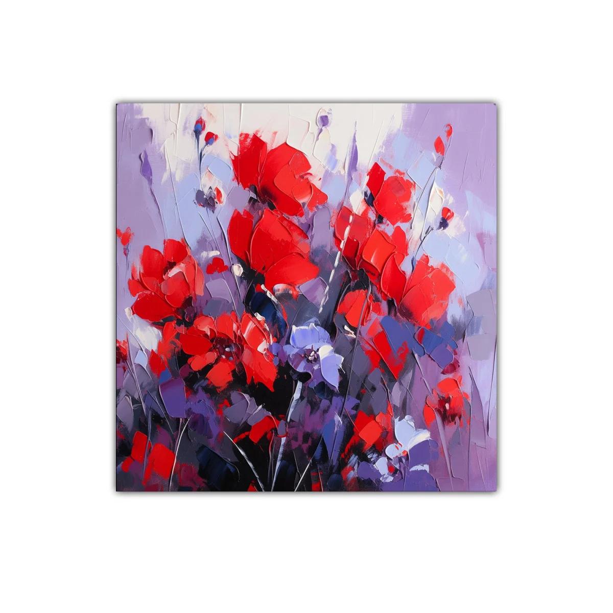 Cuadro floral vibrante con tonos rojos y lilas