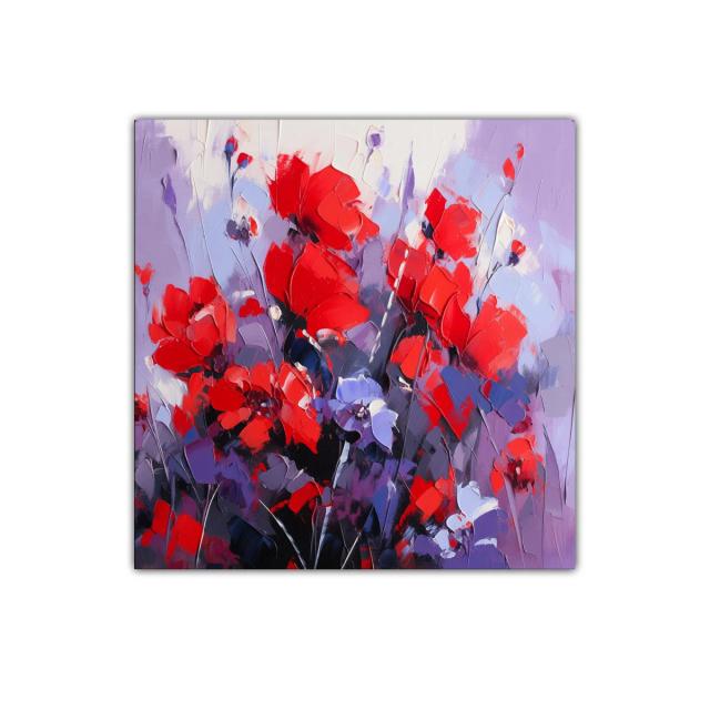 Cuadro floral vibrante con tonos rojos y lilas