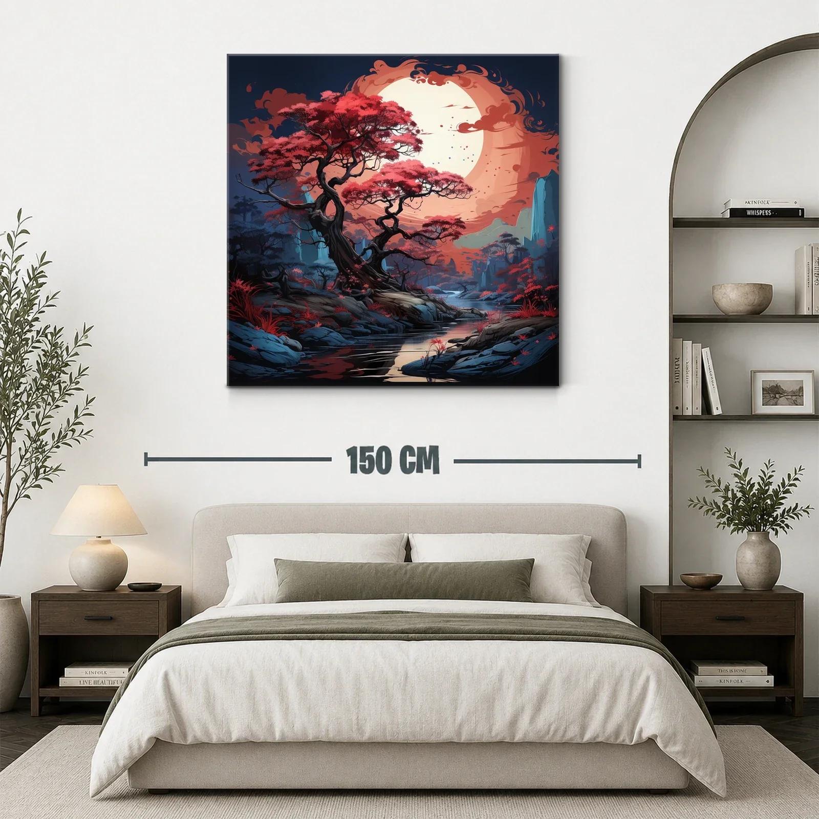 Paisaje mágico con árbol rojo bajo una luna enorme — miniatura 3