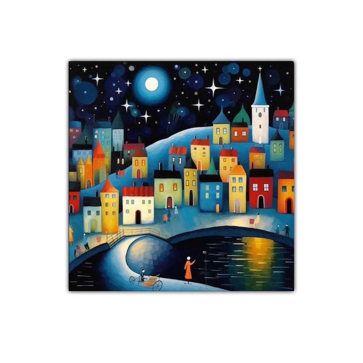 Pueblo iluminado bajo un cielo estrellado con luna llena — imagen principal