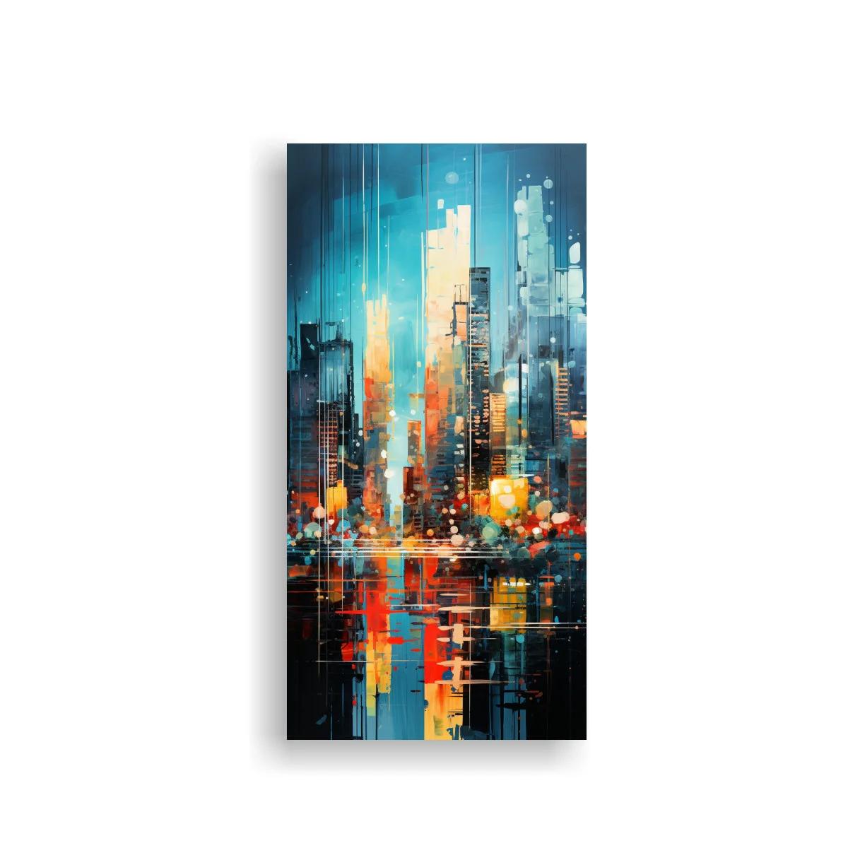 Cuadro skyline urbano con reflejos en agua oscura
