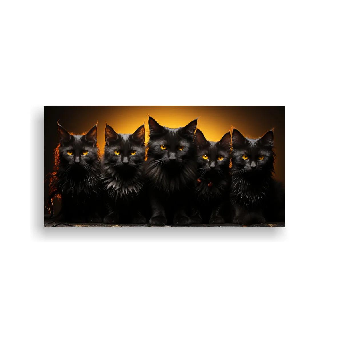 Cuadro cinco gatos negros sobre repisa con fondo dorado
