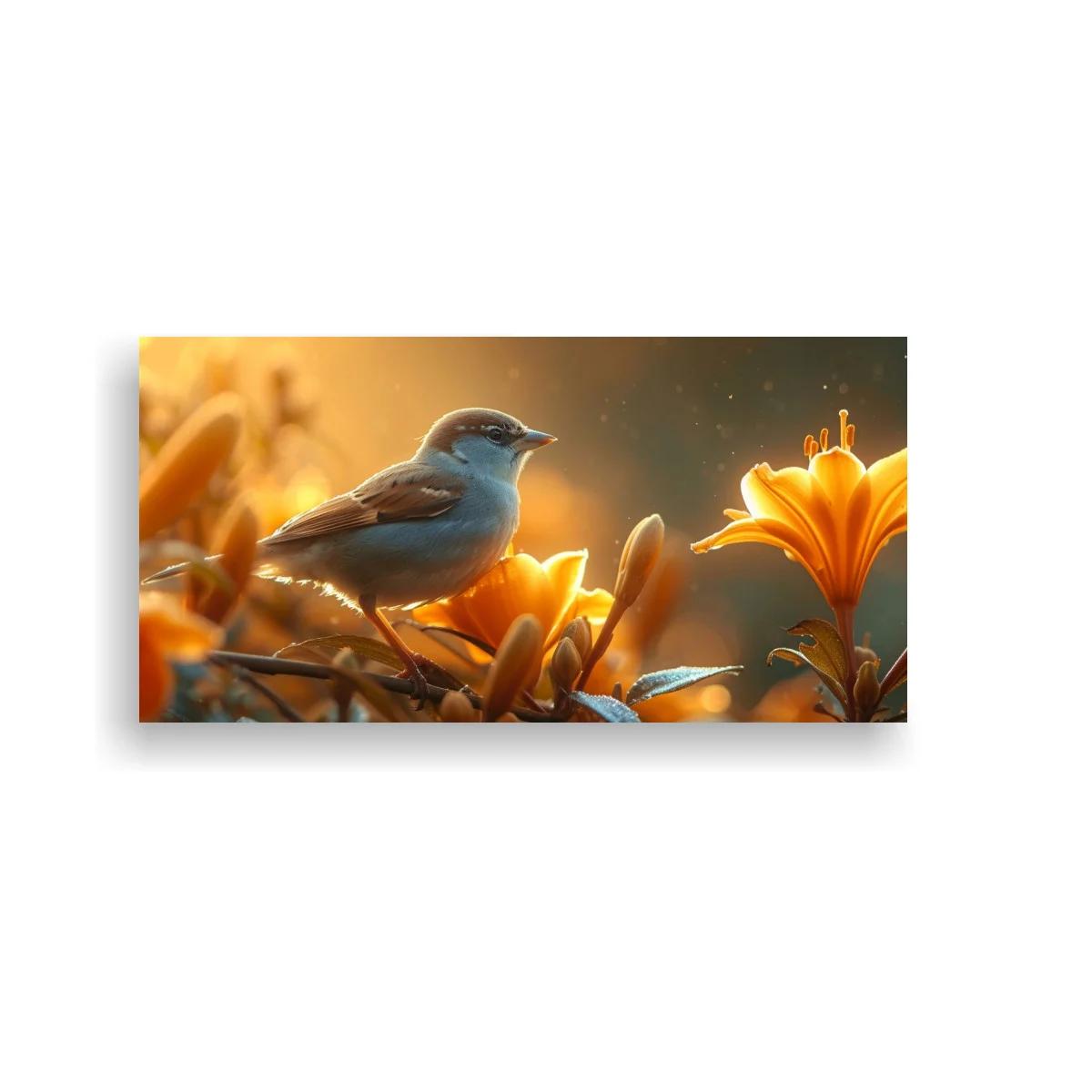 Cuadro pájaro pequeño entre flores naranjas