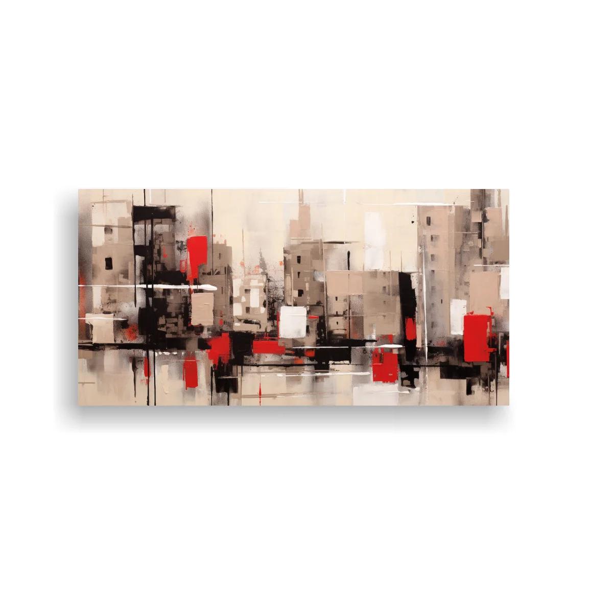 Cuadro paisaje urbano abstracto con acentos rojos