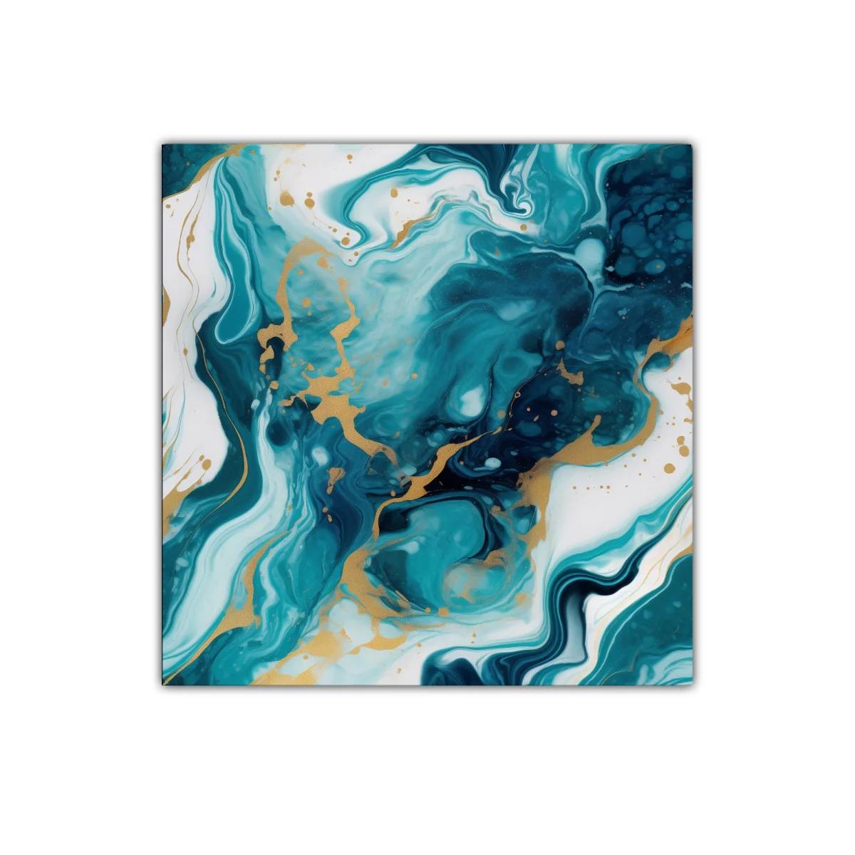 Cuadro abstracto con tonos turquesa y dorados vibrantes
