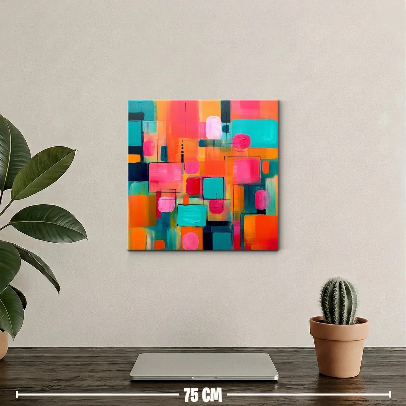 Cuadro abstracto vibrante tonos rosa turquesa y naranja — miniatura 2