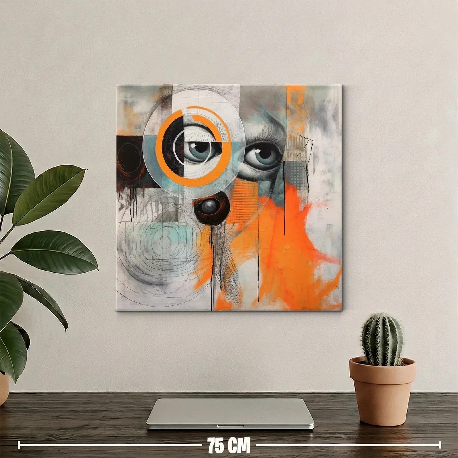 Cuadro abstracto con ojos y detalles geométricos en tonos vibrantes — miniatura 2