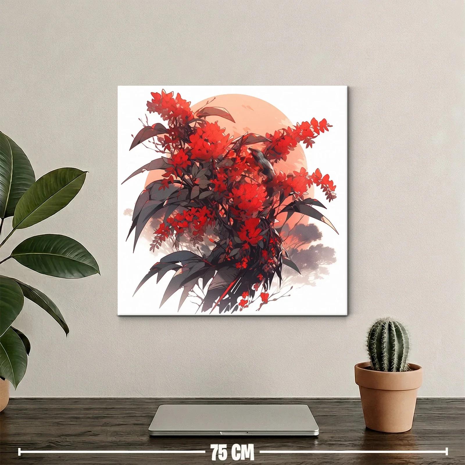 Cuadro floral con aves en tonos rojizos y contraste oscuro — miniatura 2