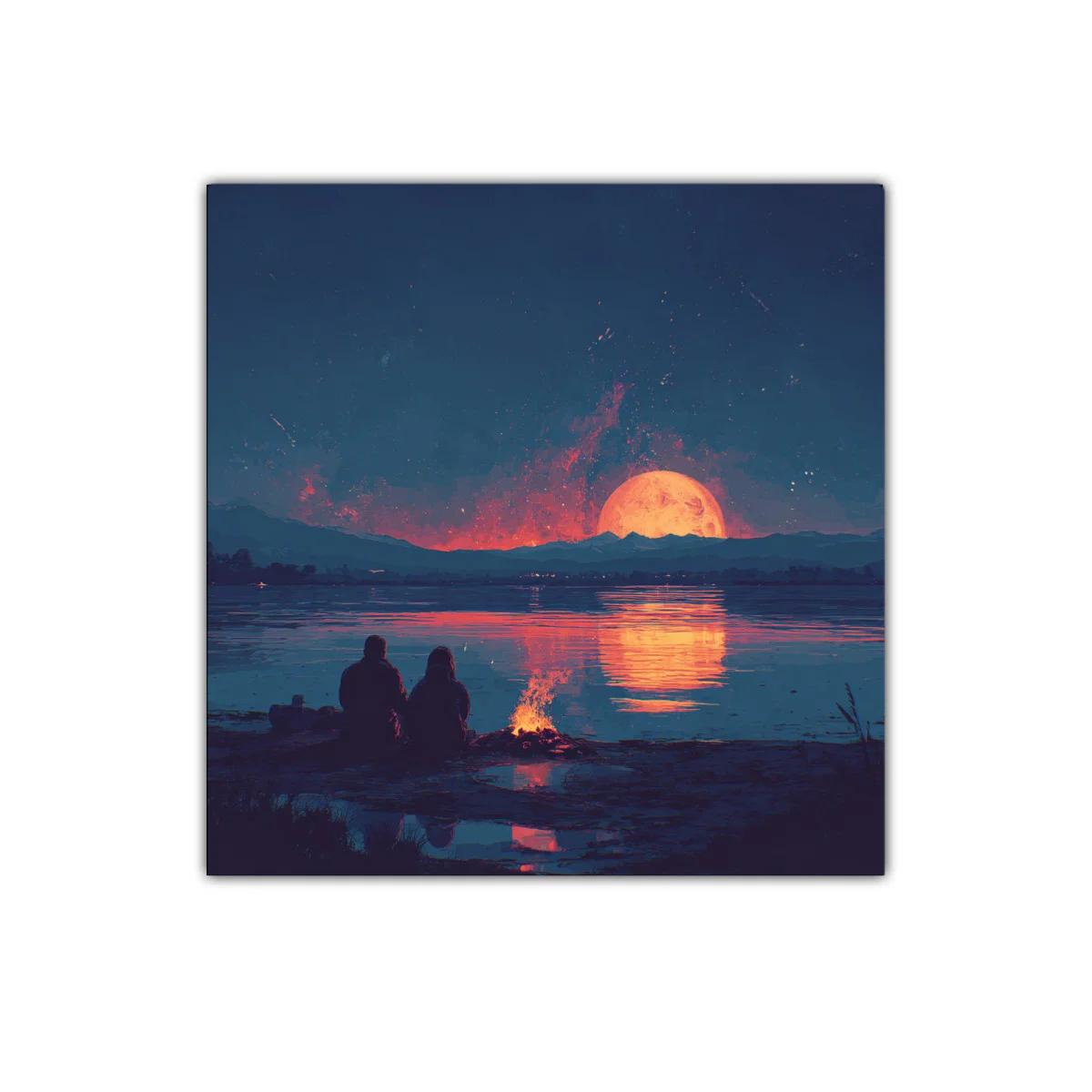 Atardecer romántico con luna llena sobre el lago tranquilo — imagen principal