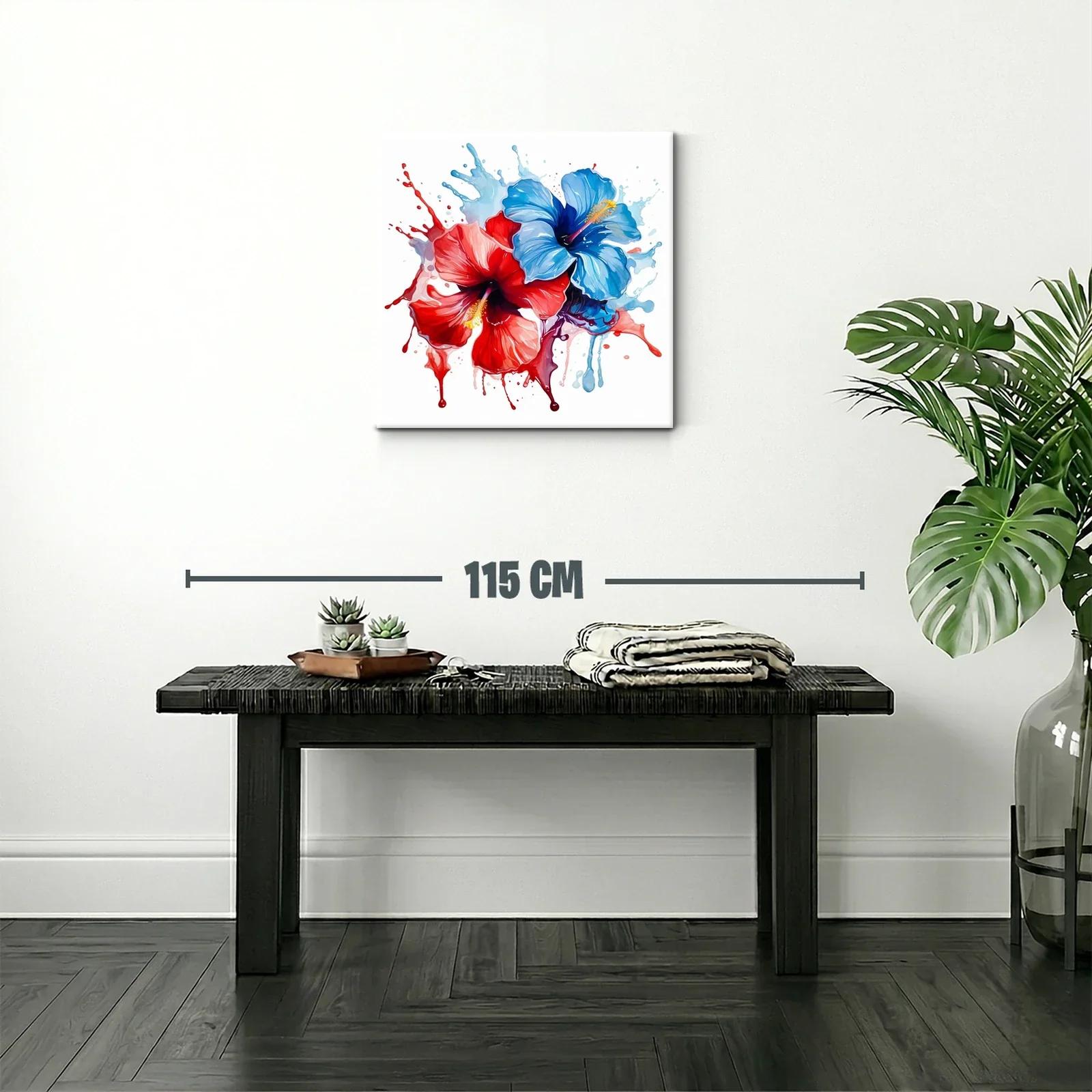 Cuadro moderno de flores hibisco en tonos rojo y azul — miniatura 2