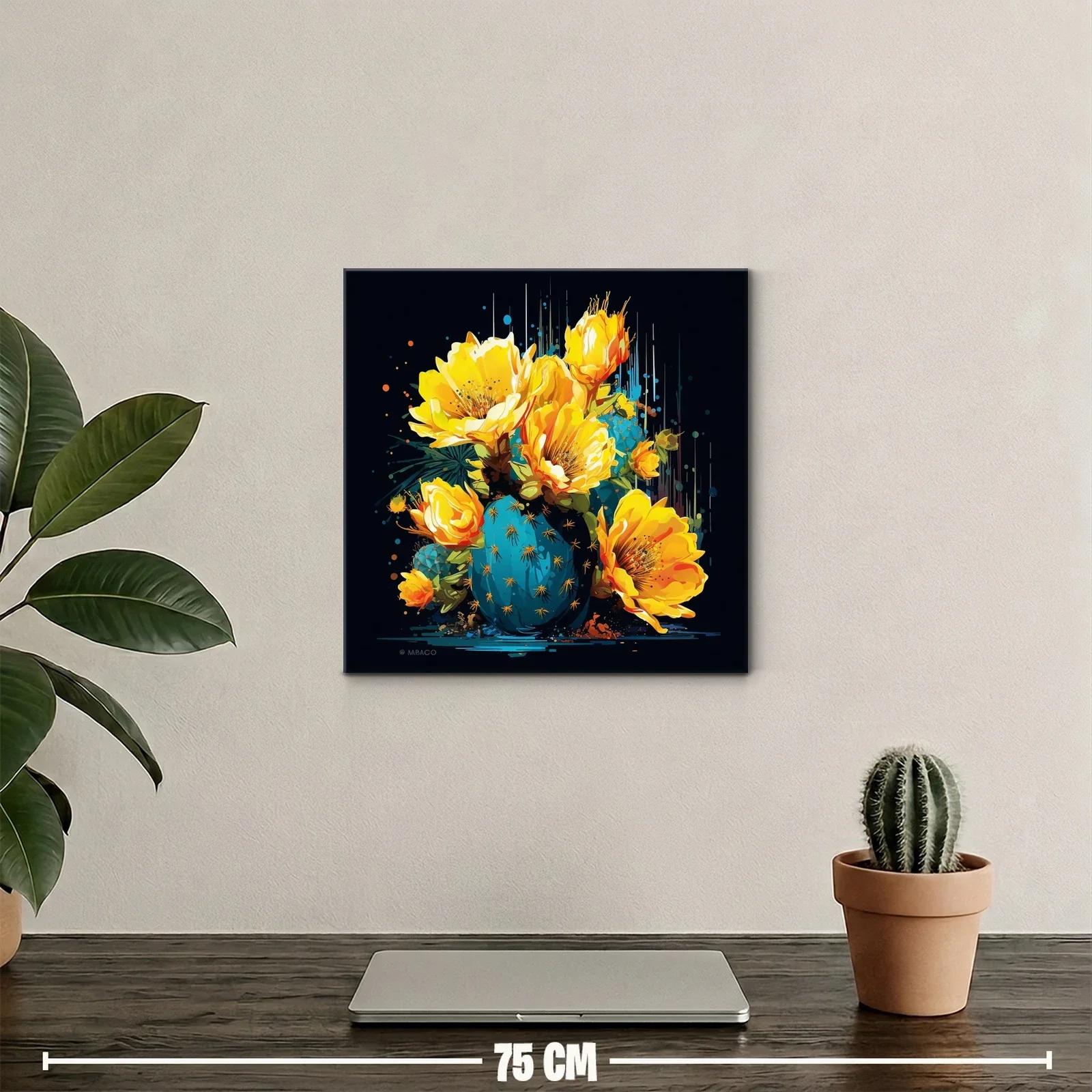 Cuadro moderno con flores amarillas y cactus azul vibrante — miniatura 2