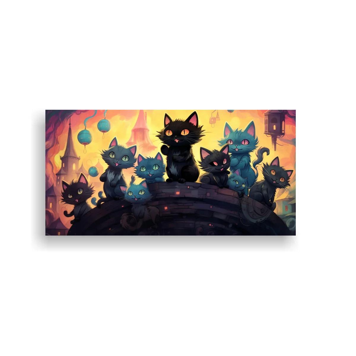 Cuadro grupo de gatos negros y azules con esferas colgantes