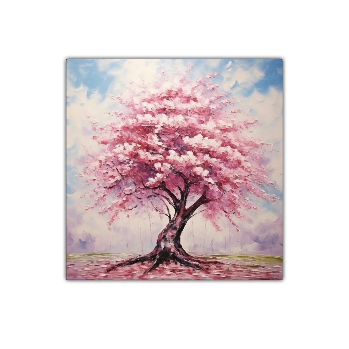 Árbol con flores rosas en paisaje sereno y luminoso