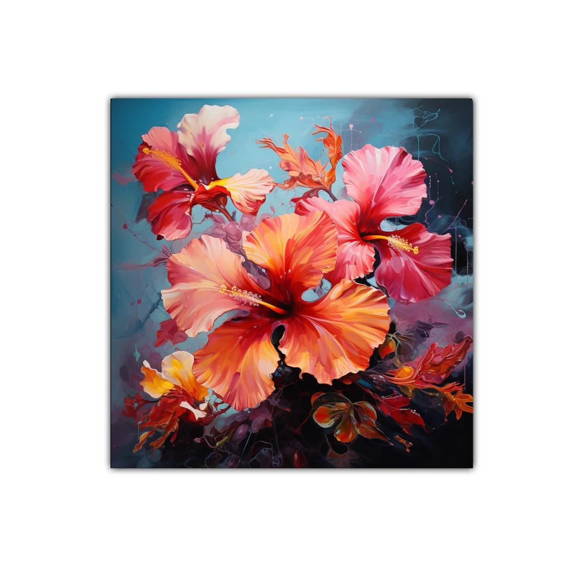 Cuadro floral con vibrantes tonos cálidos y fondo azul — imagen principal