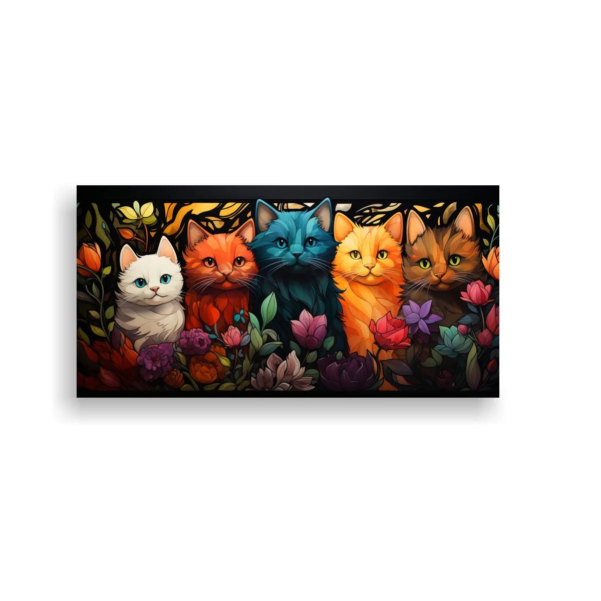 Cuadro cinco gatos entre flores con contornos marcados