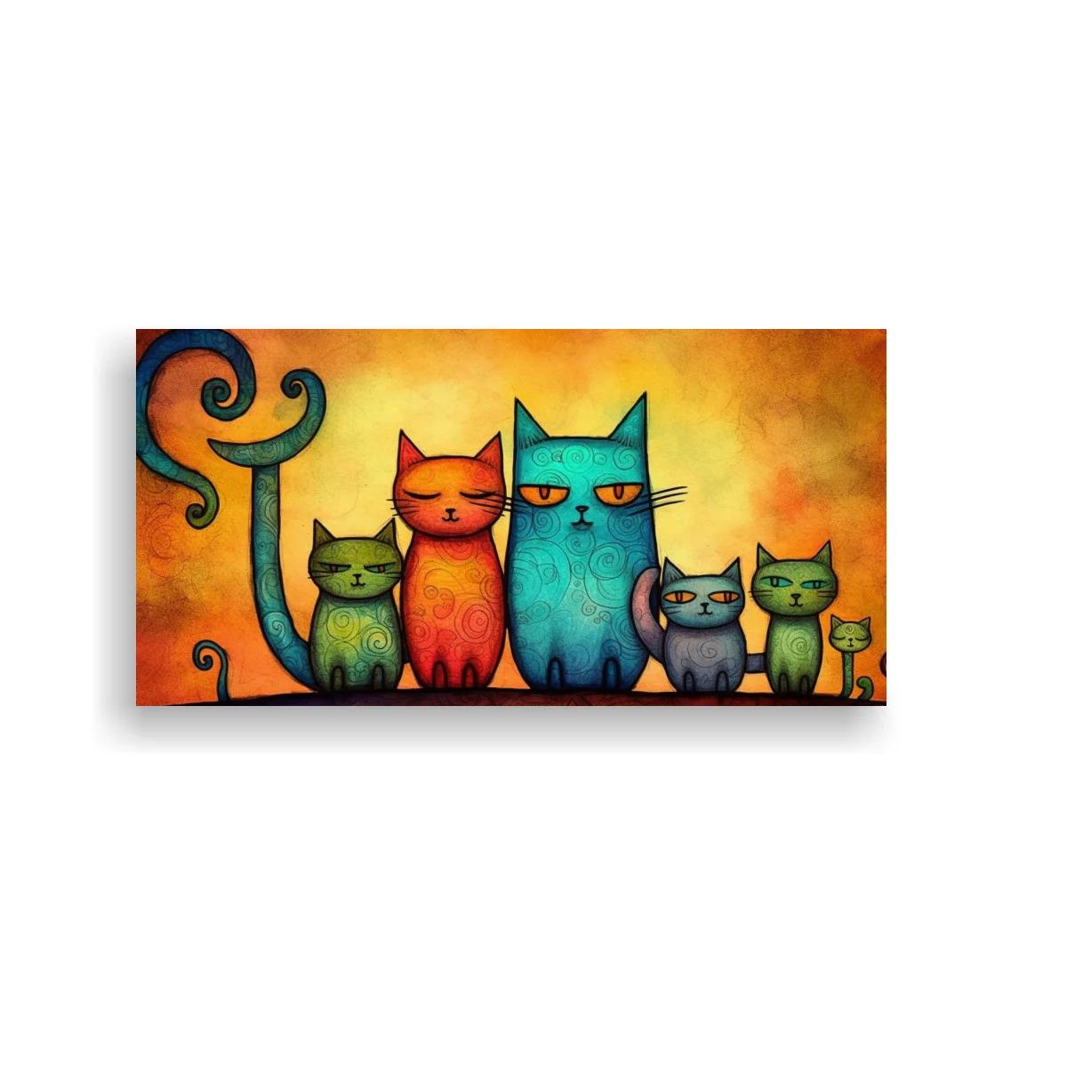 Cuadro grupo de gatos de colores con planta curva