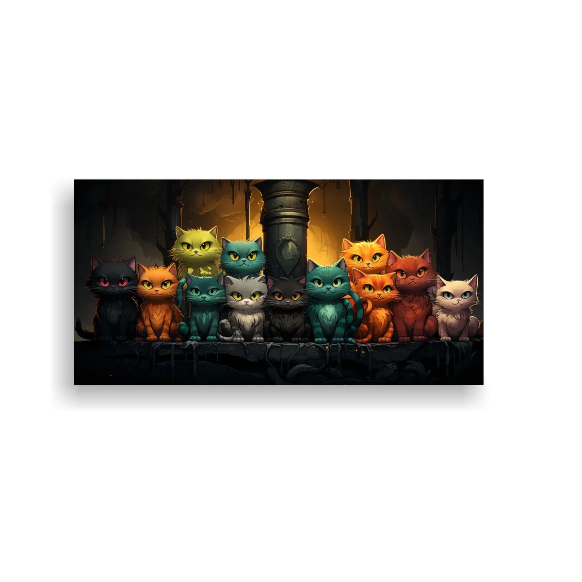 Cuadro grupo de gatos de colores con columna de piedra
