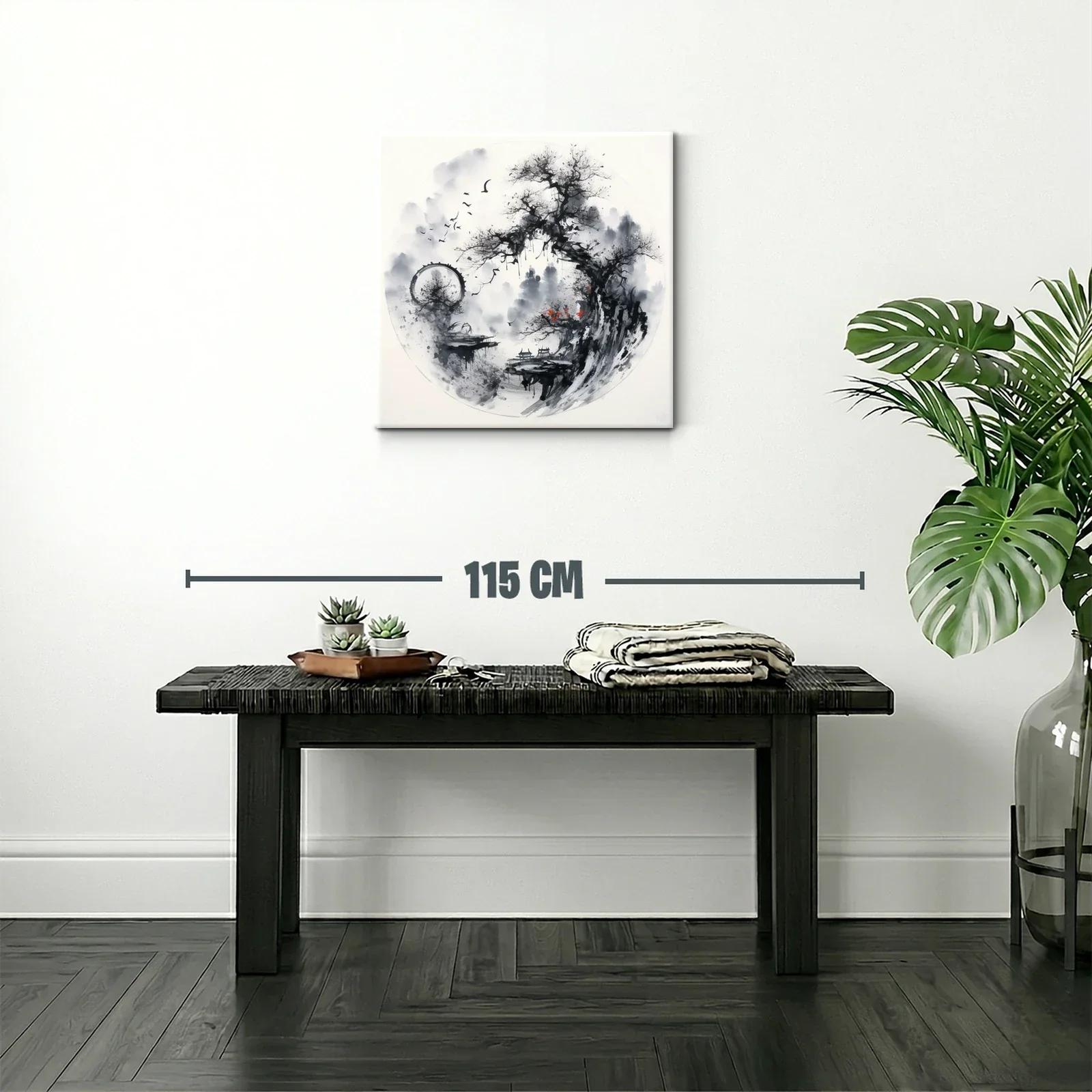 Paisaje asiático con árbol y aves en tonos monocromos — miniatura 2