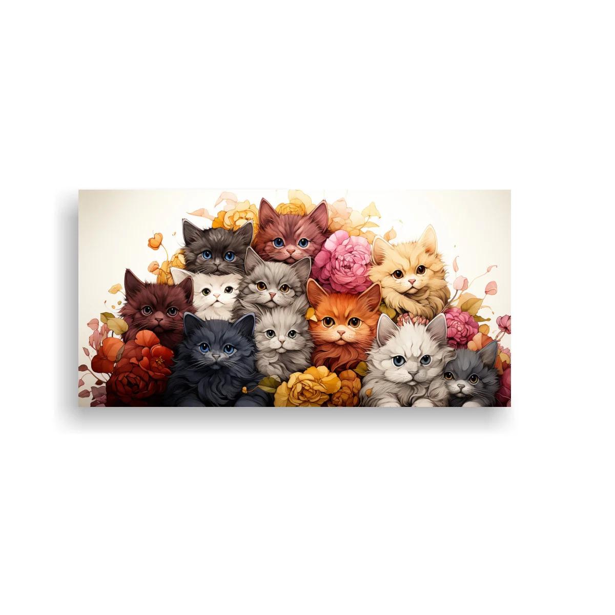 Cuadro grupo de gatitos de pelo esponjoso entre peonías