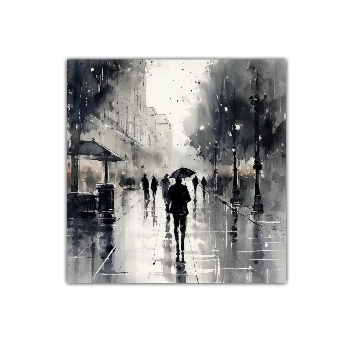 Escena urbana bajo lluvia con siluetas y paraguas — imagen principal