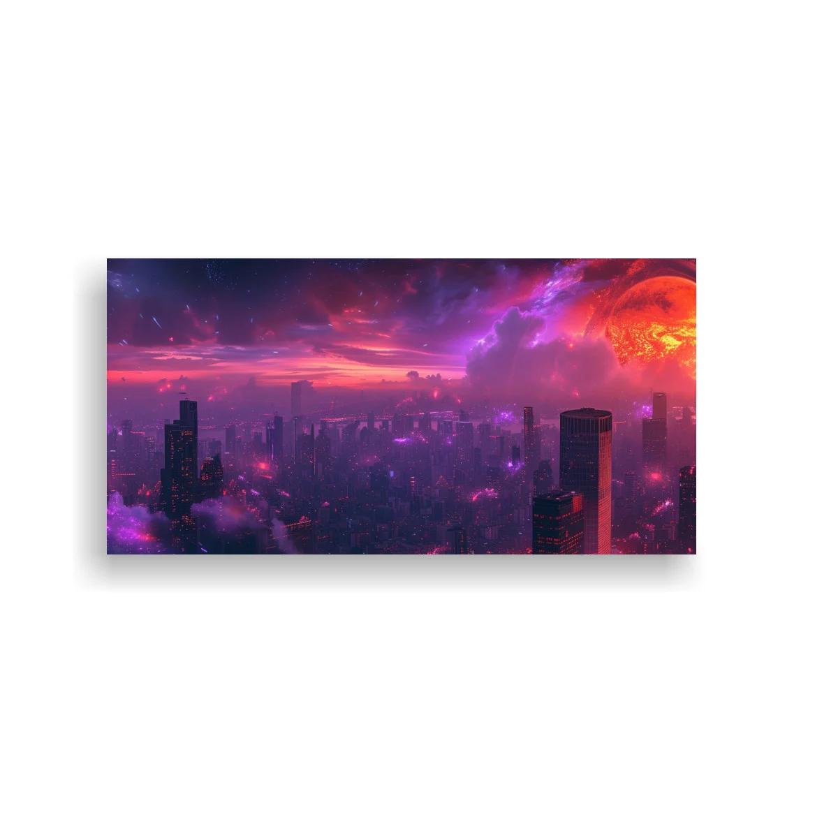 Cuadro ciudad futurista con luna roja y cielo intenso