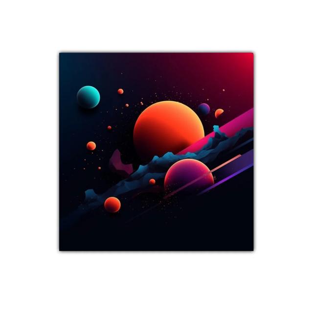 Cuadro abstracto con planetas vibrantes en espacio oscuro
