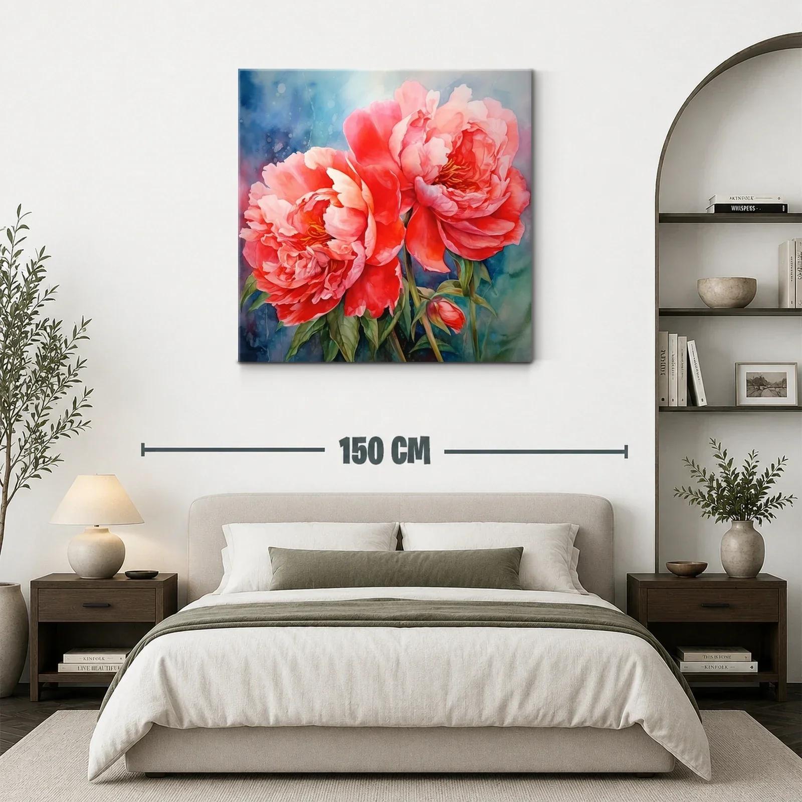 Cuadro floral con peonías vibrantes y fondo azul difuminado — miniatura 3