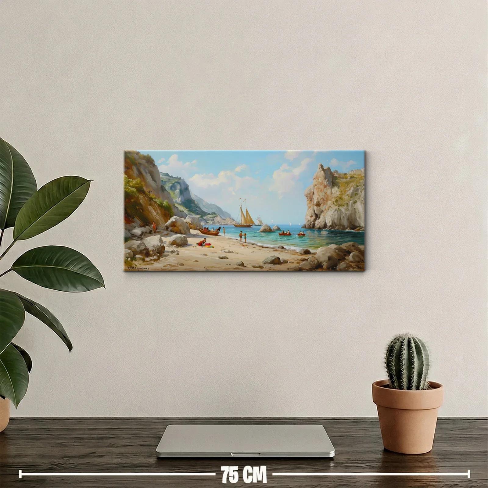 Cuadro playa con veleros en cala enmarcada por acantilados — miniatura 2