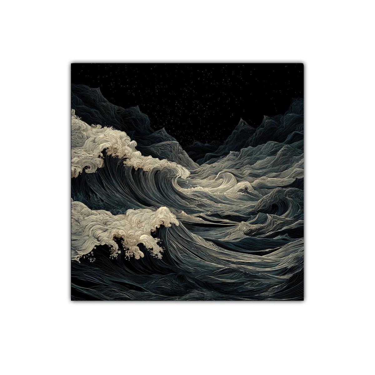 Mar turbulento bajo cielo estrellado en tonos nocturnos