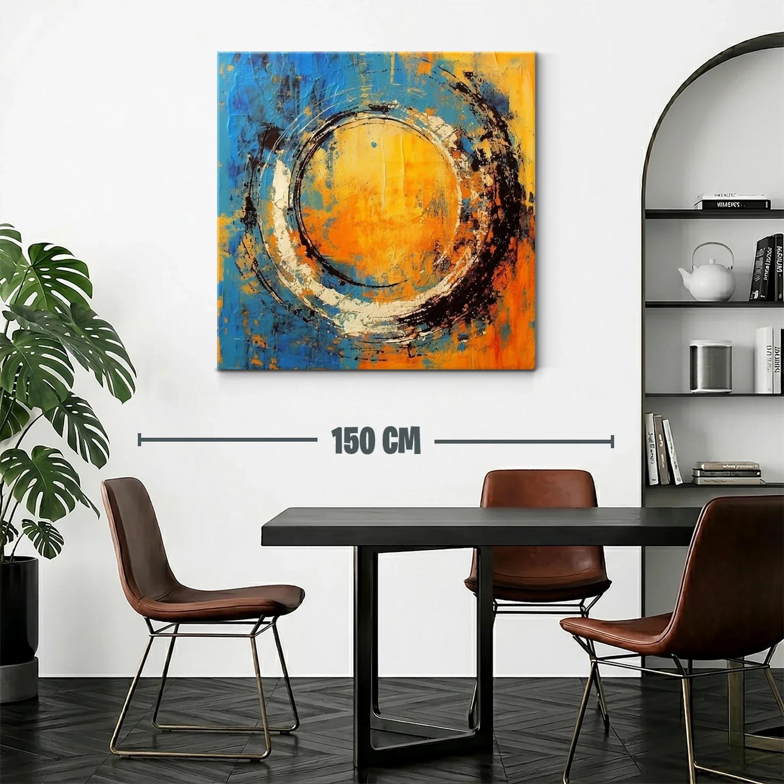 Cuadro abstracto con círculo dinámico en tonos cálidos y fríos — miniatura 2