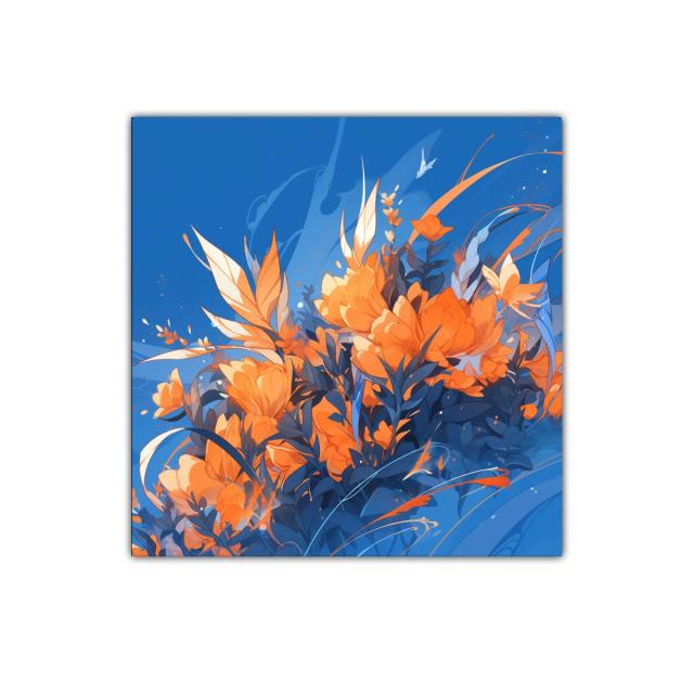Composición floral vibrante en tonos naranjas y azules