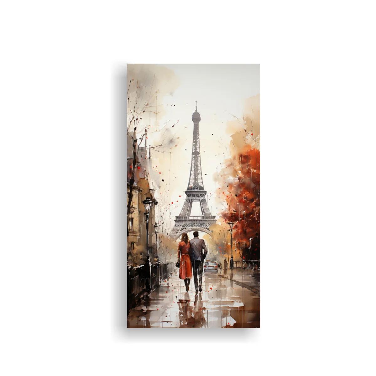 Cuadro Torre Eiffel con pareja caminando bajo la lluvia