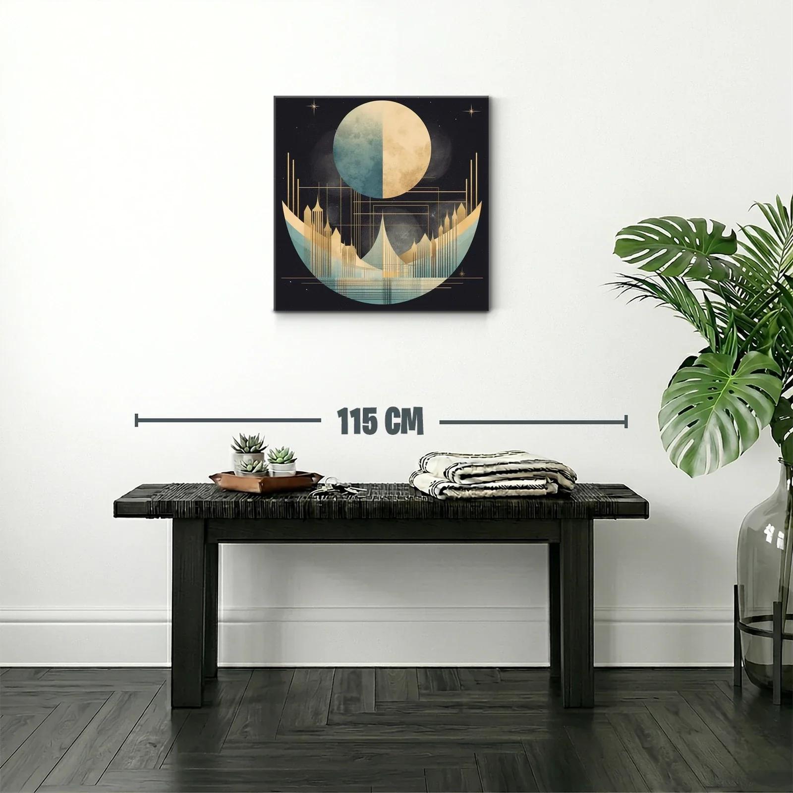Cuadro abstracto con luna y ciudad futurista en tonos dorados — miniatura 2