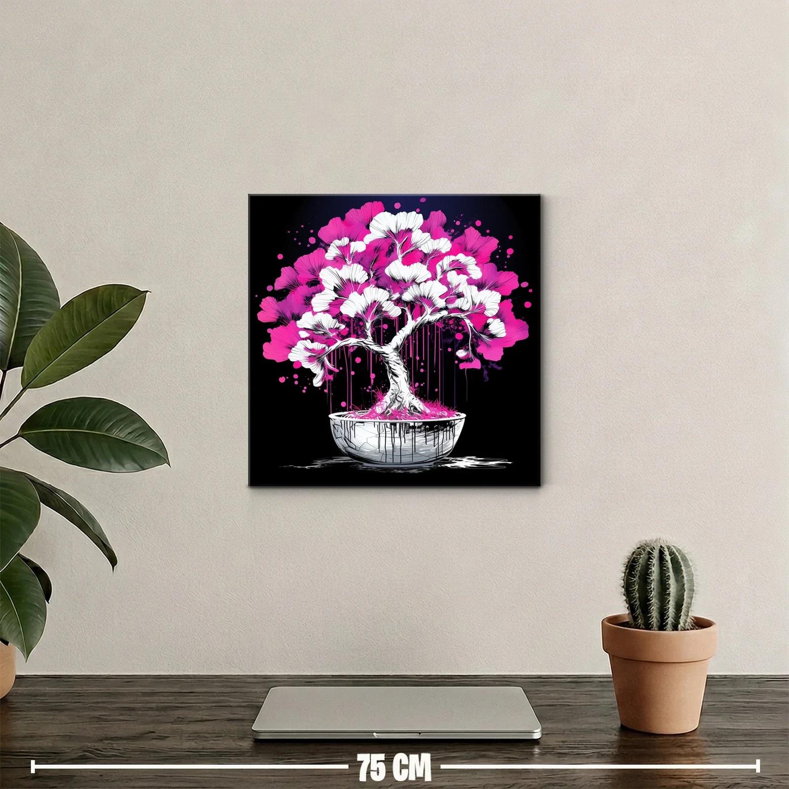 Árbol bonsái vibrante con flores rosa y blancas sobre fondo negro — miniatura 2