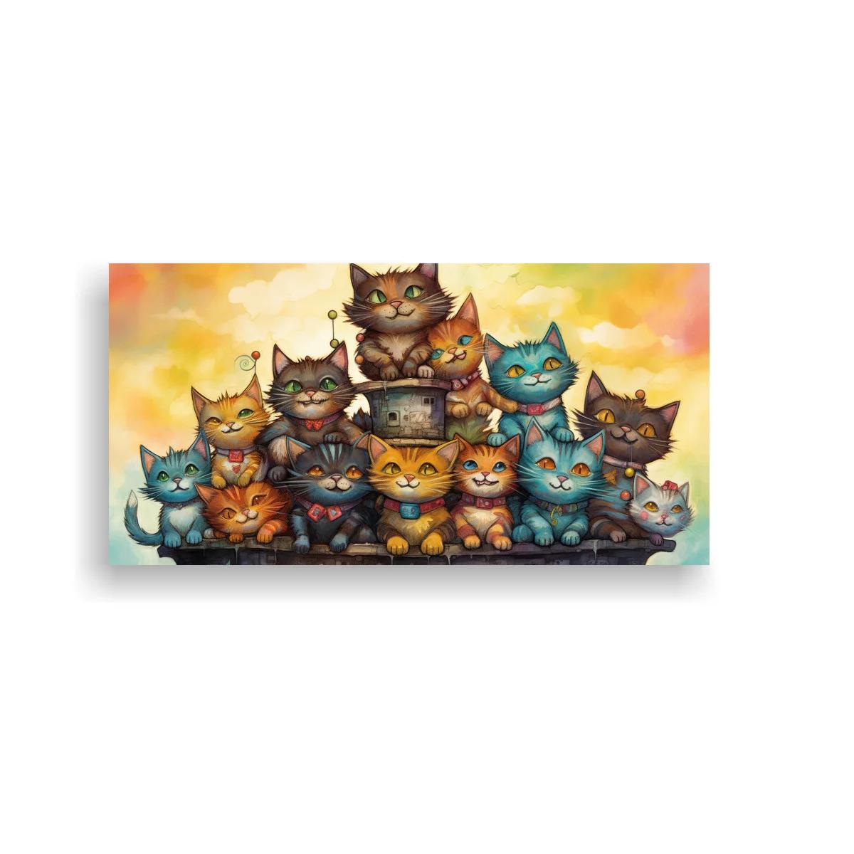 Cuadro grupo de gatos en escena compacta y simétrica
