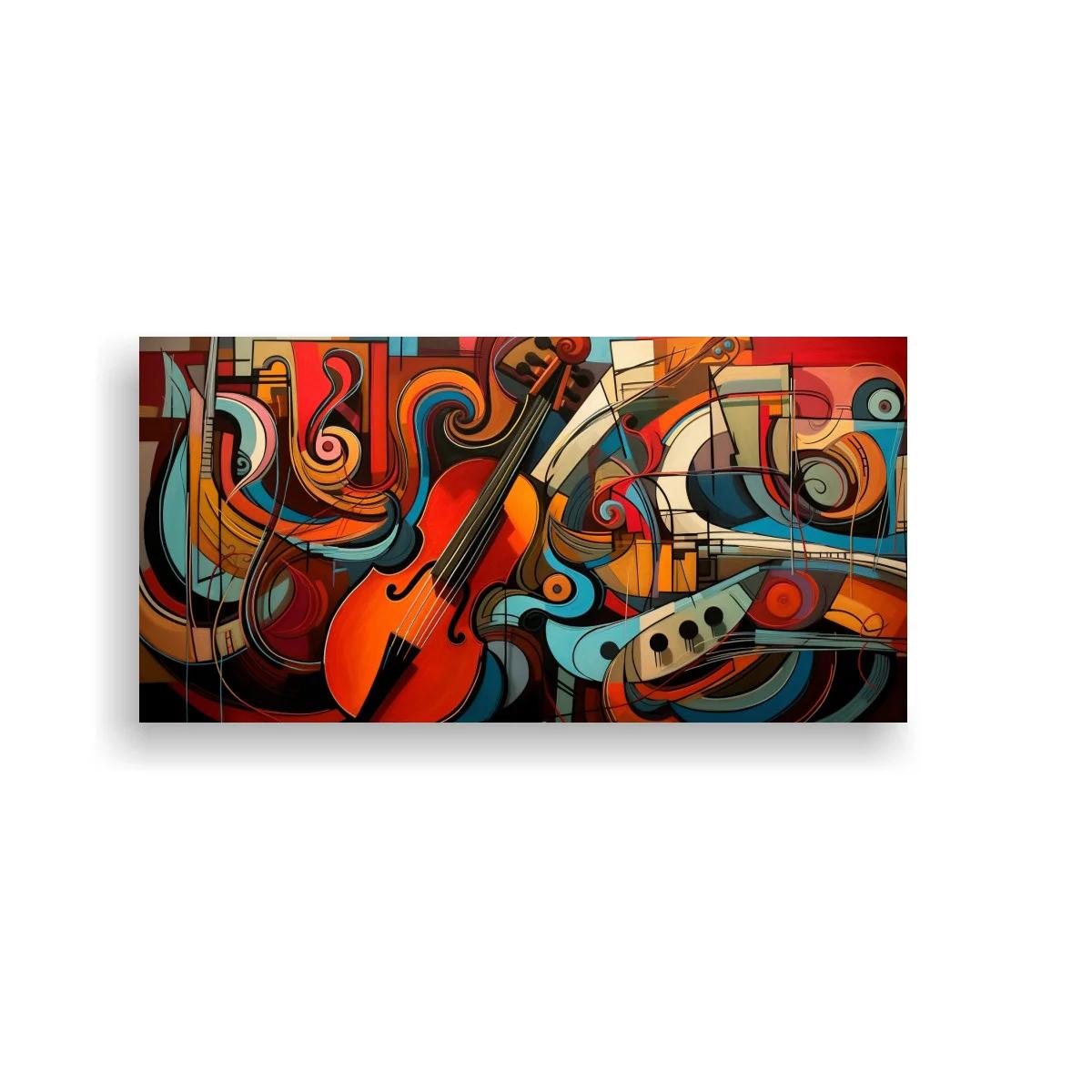 Cuadro violín naranja con tramas geométricas