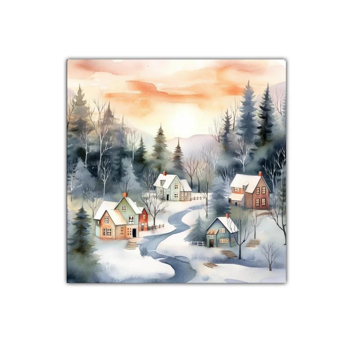 Paisaje invernal con riachuelos y cabañas al amanecer