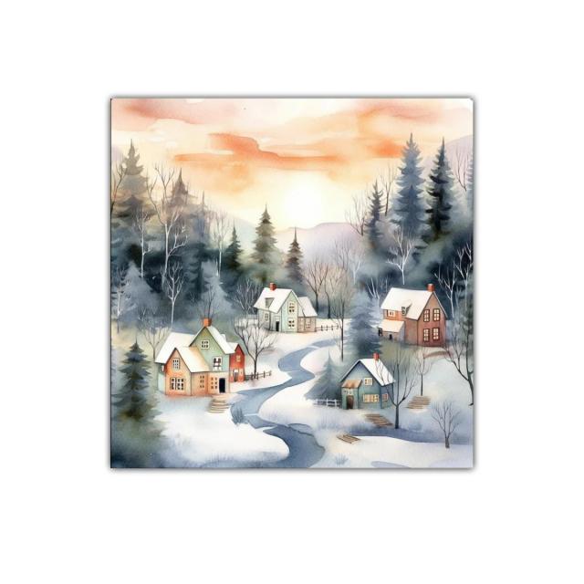 Paisaje invernal con riachuelos y cabañas al amanecer