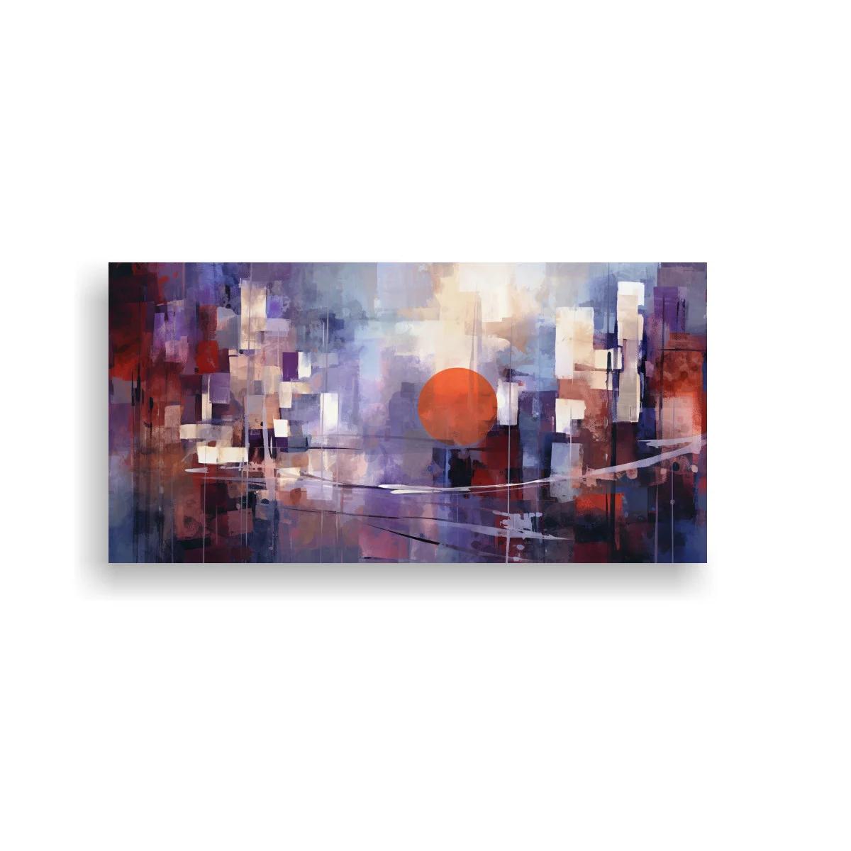 Cuadro sol rojo sobre ciudad abstracta
