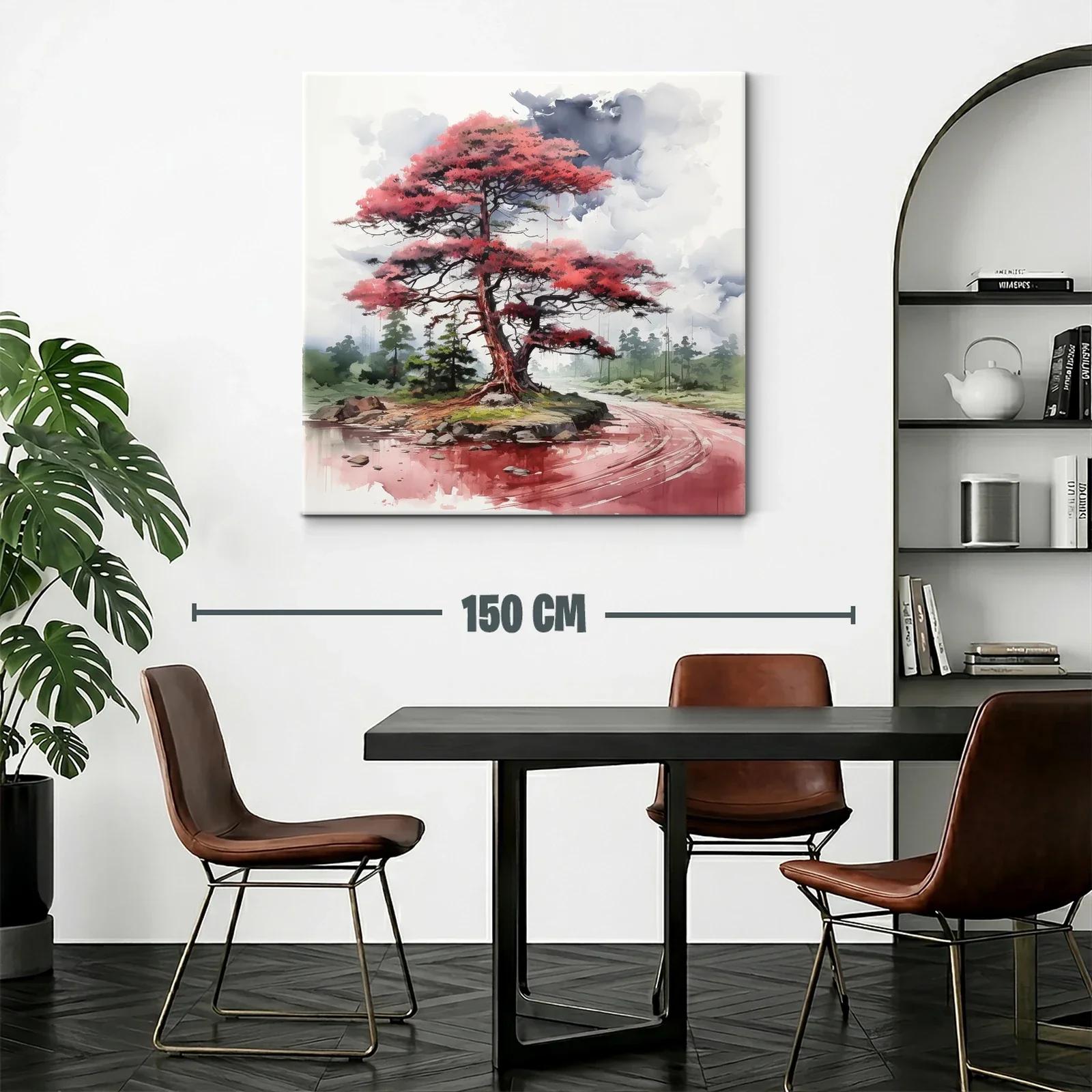 Árbol rojo junto al río en paisaje tranquilo y etéreo — miniatura 2