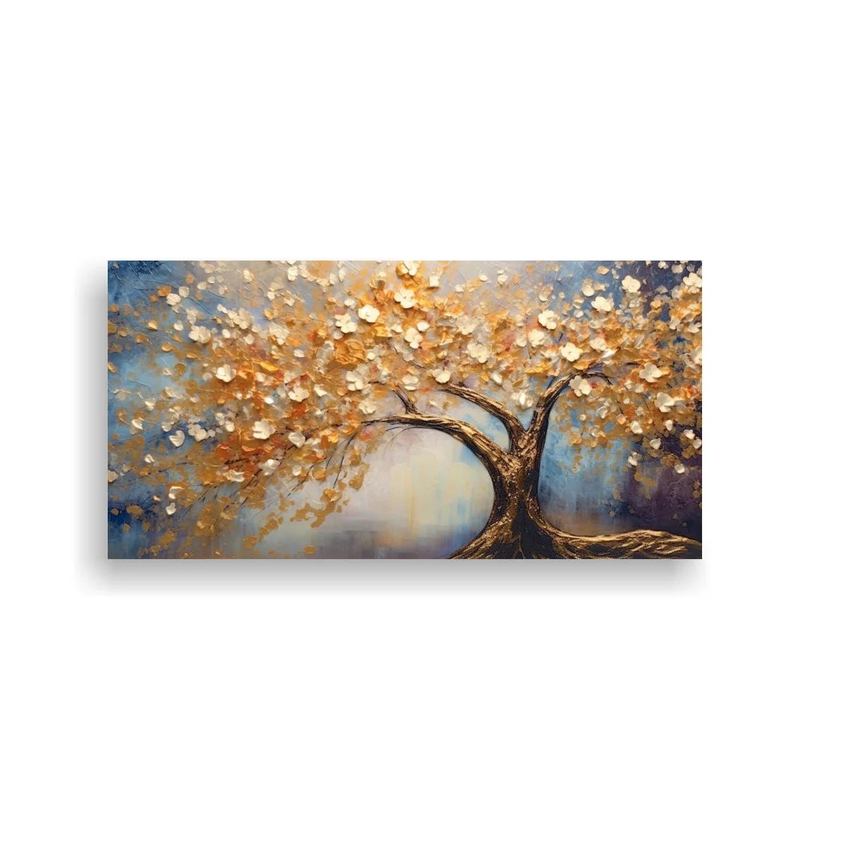 Cuadro árbol de la vida con raíces visibles y hojas doradas