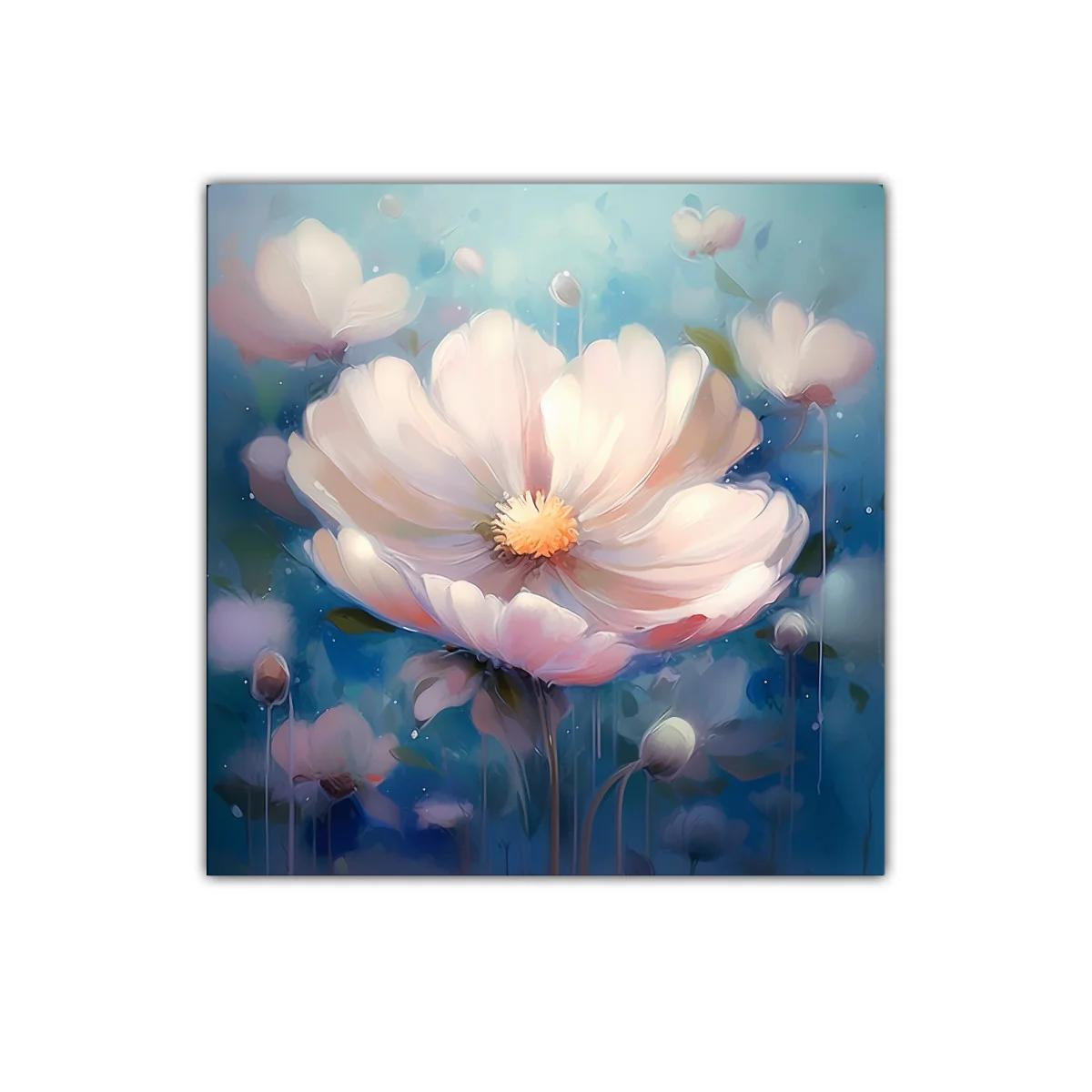 Cuadro floral etéreo con tonos suaves y azules