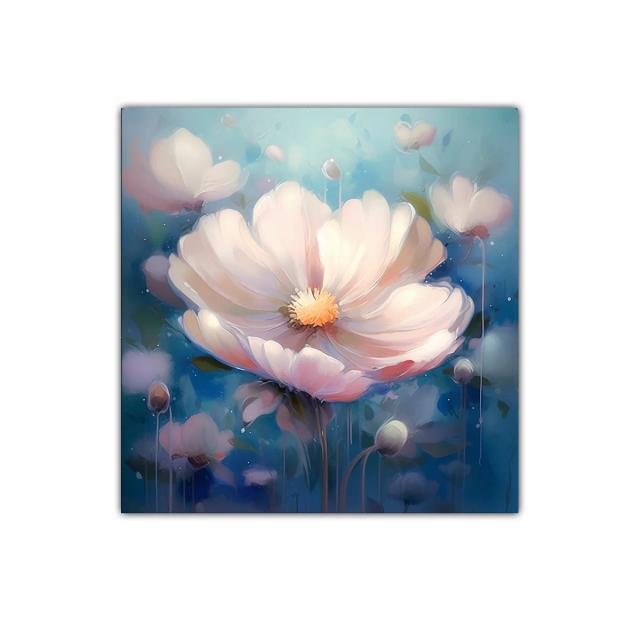 Cuadro floral etéreo con tonos suaves y azules